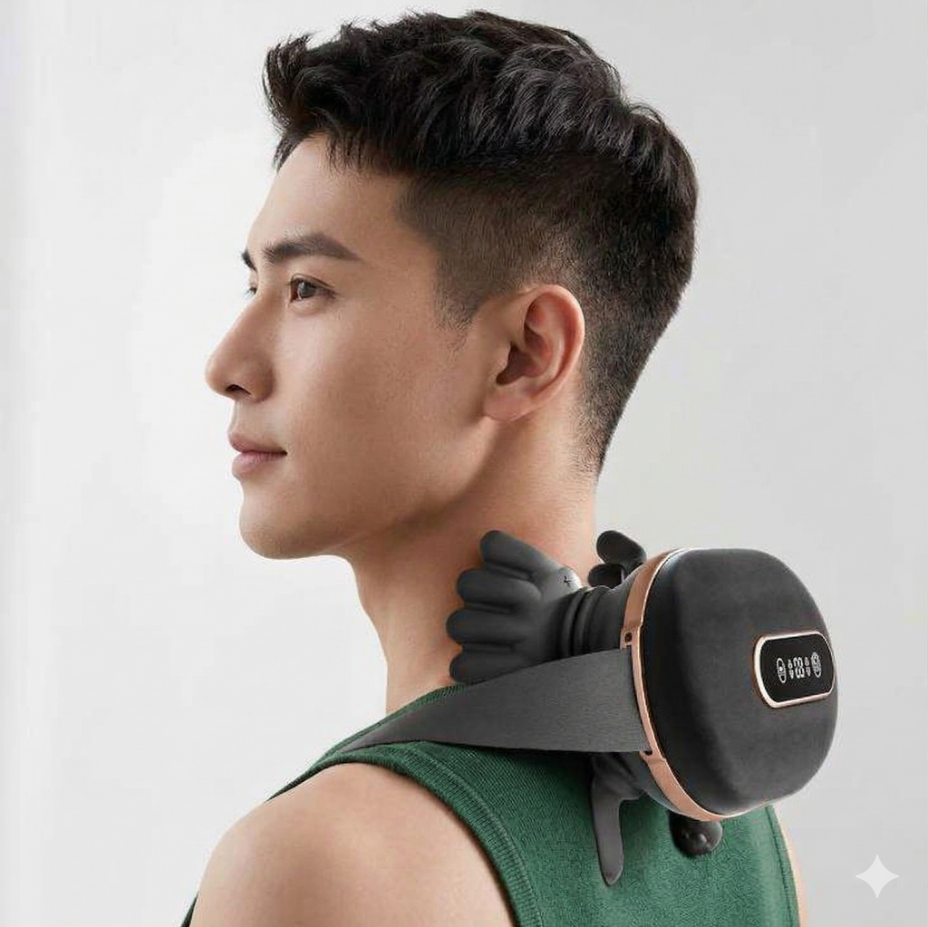 Person using a neck and shoulder massager on a plain background