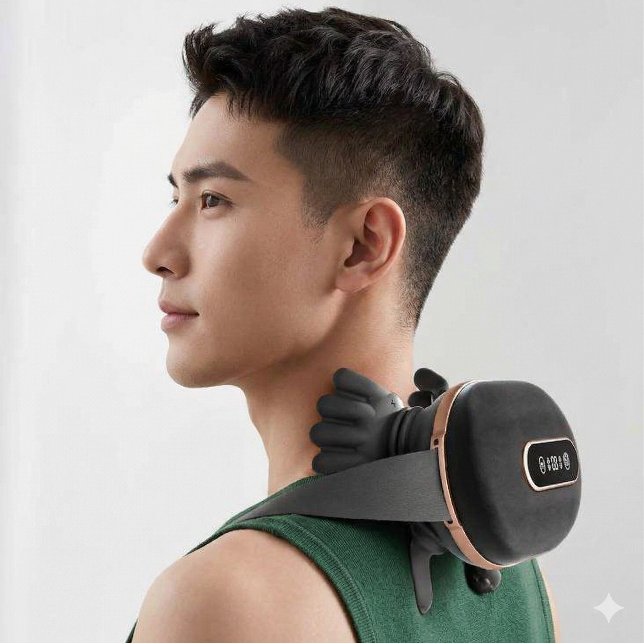 Person using a neck and shoulder massager on a plain background